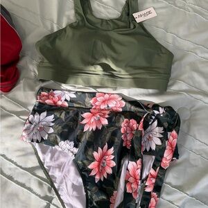 Olive Green Sports Bra & Floral Bikini Bottoms Set